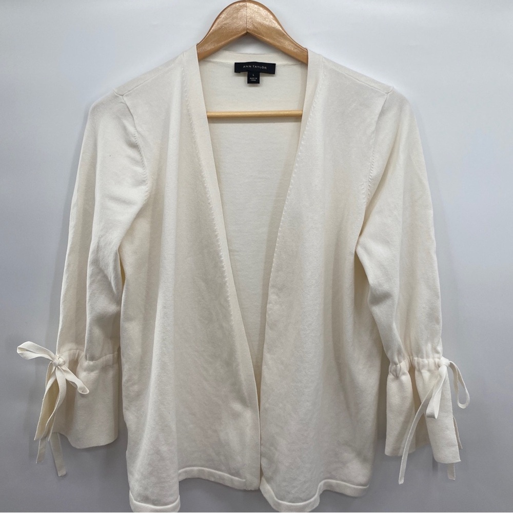 Ann Taylor Ivory Open Front Cardigan Tie Sleeves Lightweight Knit Size Large